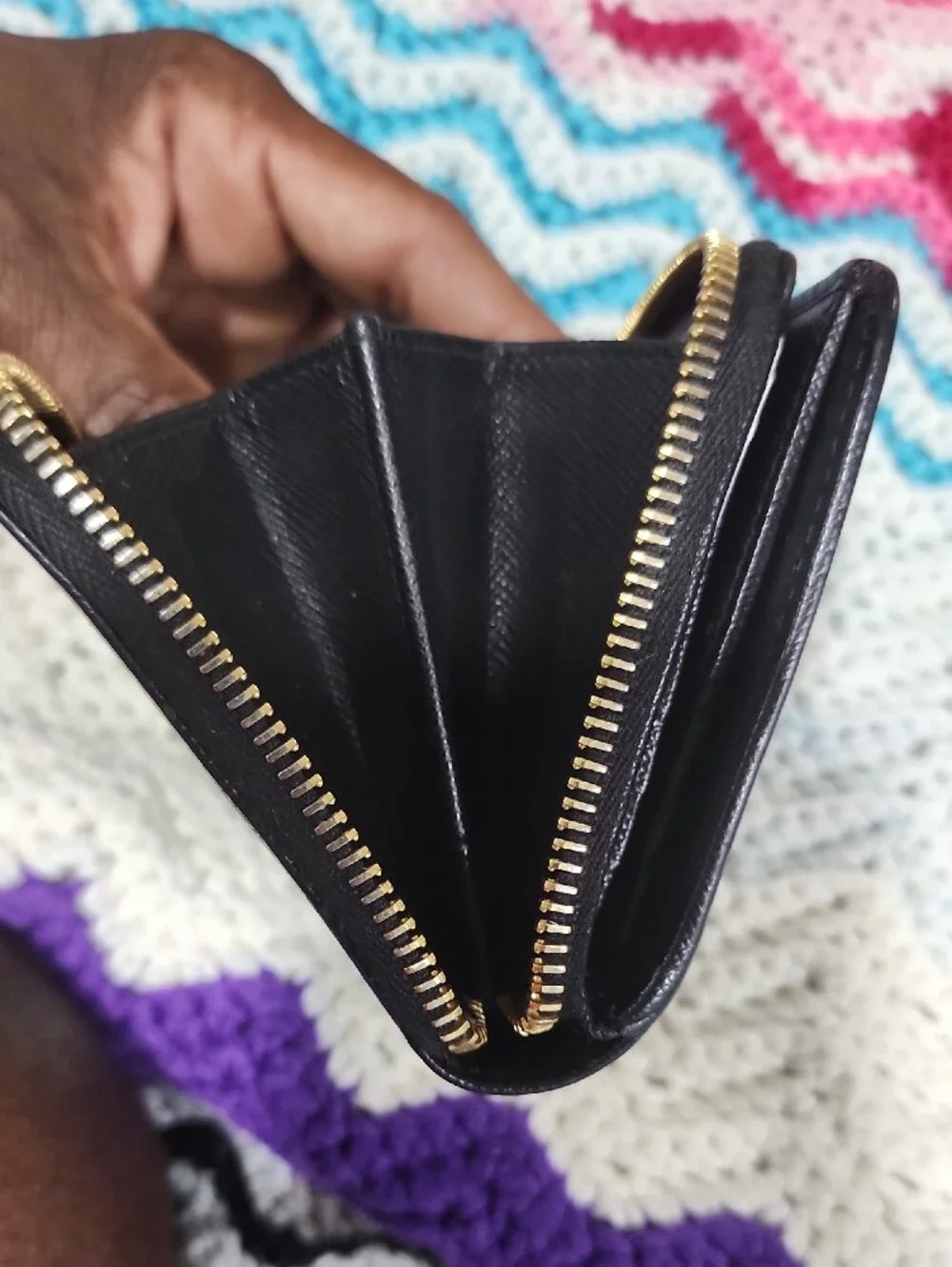 Prada Black Saffiano Leather Zip Wallet with Gold Logo